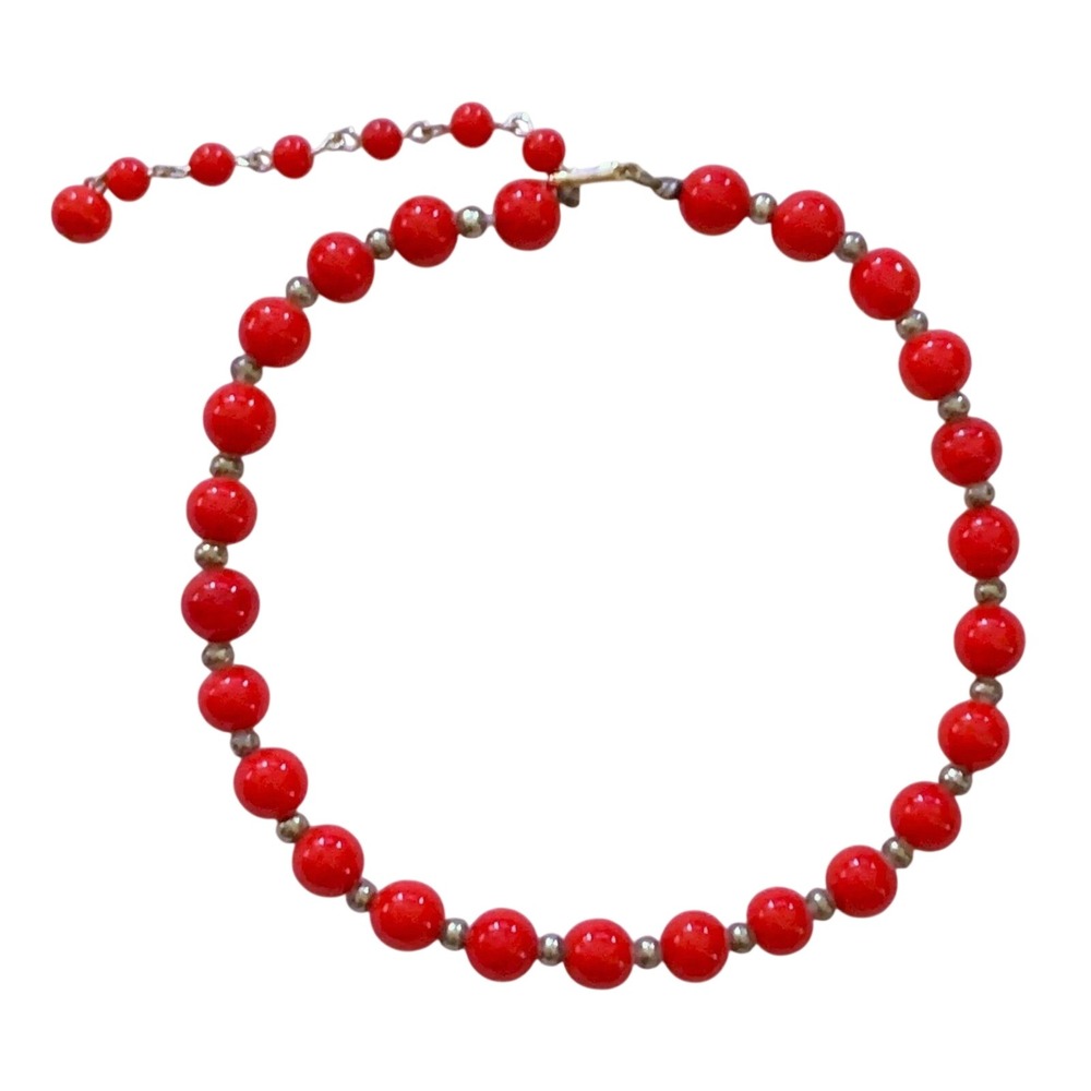 1950s Japan Cherry UV Glow Red Glass Bead Necklace Choker 12" w 3" Extender